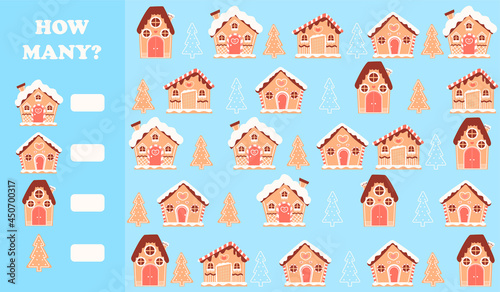 Printable worksheet for kids for counting gingerbread houses in cartoon style, christmas and new year educational riddle for children books, winter scene, math exercise for preschoolers