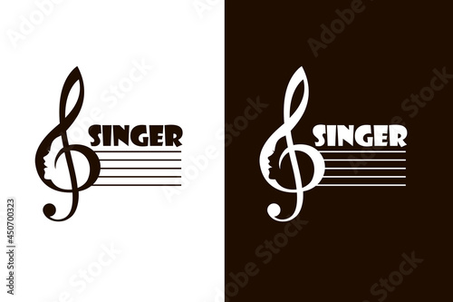 icons with singing woman and treble clef isolated on white and black background
