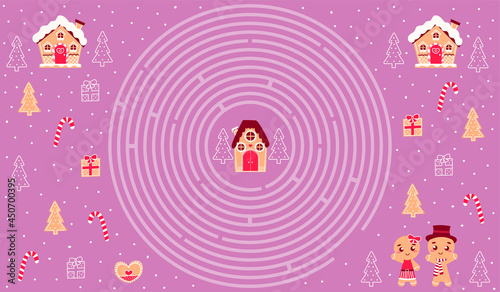 Circle maze for kids in cartoon style with gingerbread characters, houses and candy canes, winter holidays riddle for children books, printable worksheet for preschoolers for christmas