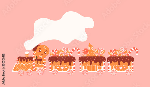 Cute gingerbread santa express with cookie locomotive and wagon with gifts and christmas tree on pink background, sweet winter holiday transport with candies for greeting card in cartoon style