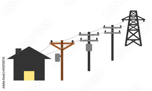 Electric poles to transmit electricity to house or home on white background icon flat vector.