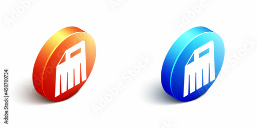 Isometric Paper shredder confidential and private document office information protection icon isolated on white background. Orange and blue circle button. Vector