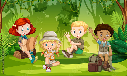 Kids summer camping concept Group of teens at nature  In Day time cute children at summer forest Enjoying Flate Graphics