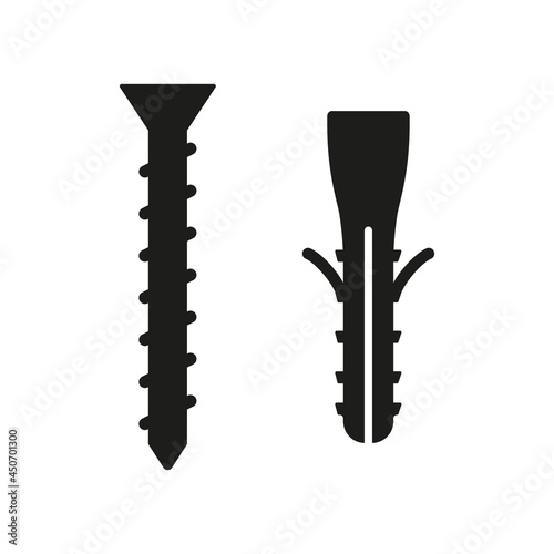 Screw and dowel icon. Repair and build black silhouette symbol. Vector isolated on white.