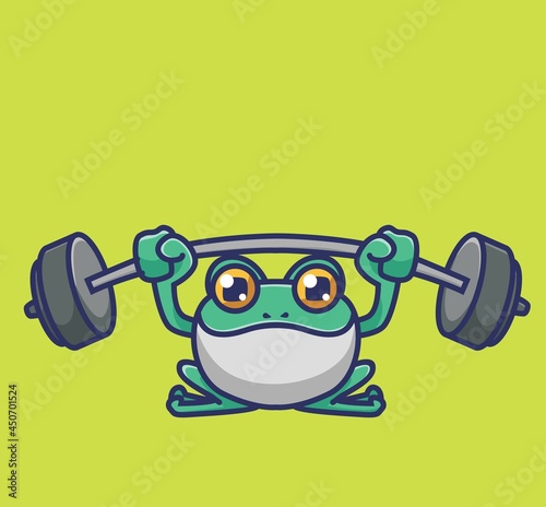 Cute Cartoon Frog Training Gym Fitness By Lifting weight the barbell and dumbbell for kid. Animal Cartoon Flat Style Icon illustration Premium Vector Logo
