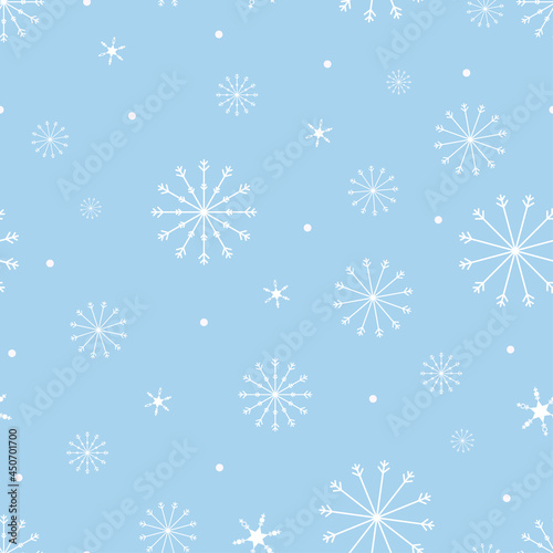 Seamless pattern snowflakes in different size on blue background, Vector illustration Christmas repeat pattern with white snowflakes abstract background, Holiday design for Christmas and New Year 2022