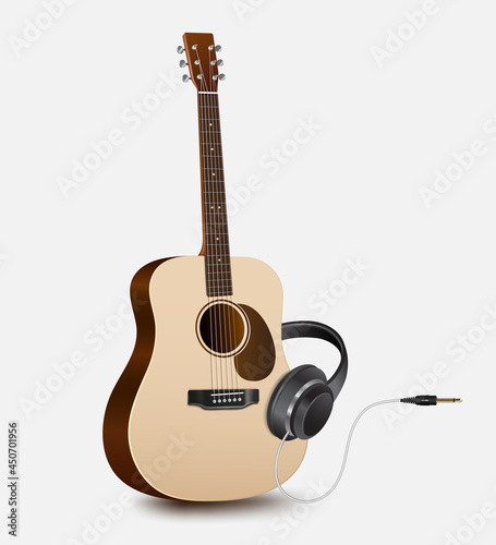 Black headphones and six-string acoustic guitar for music concept design,vector 3d islated on white background for poster design