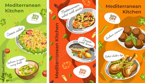 Dishes of Mediterranean cuisine menu with discount