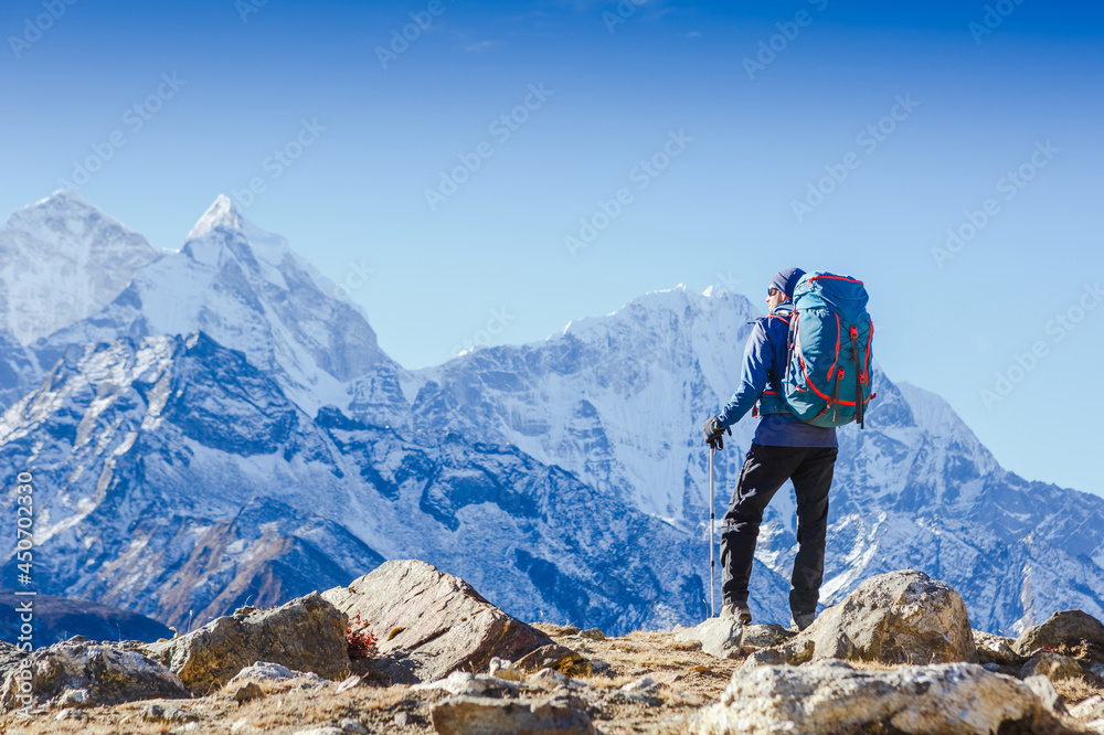 Hiking in Himalaya mountains. Travel sport lifestyle concept