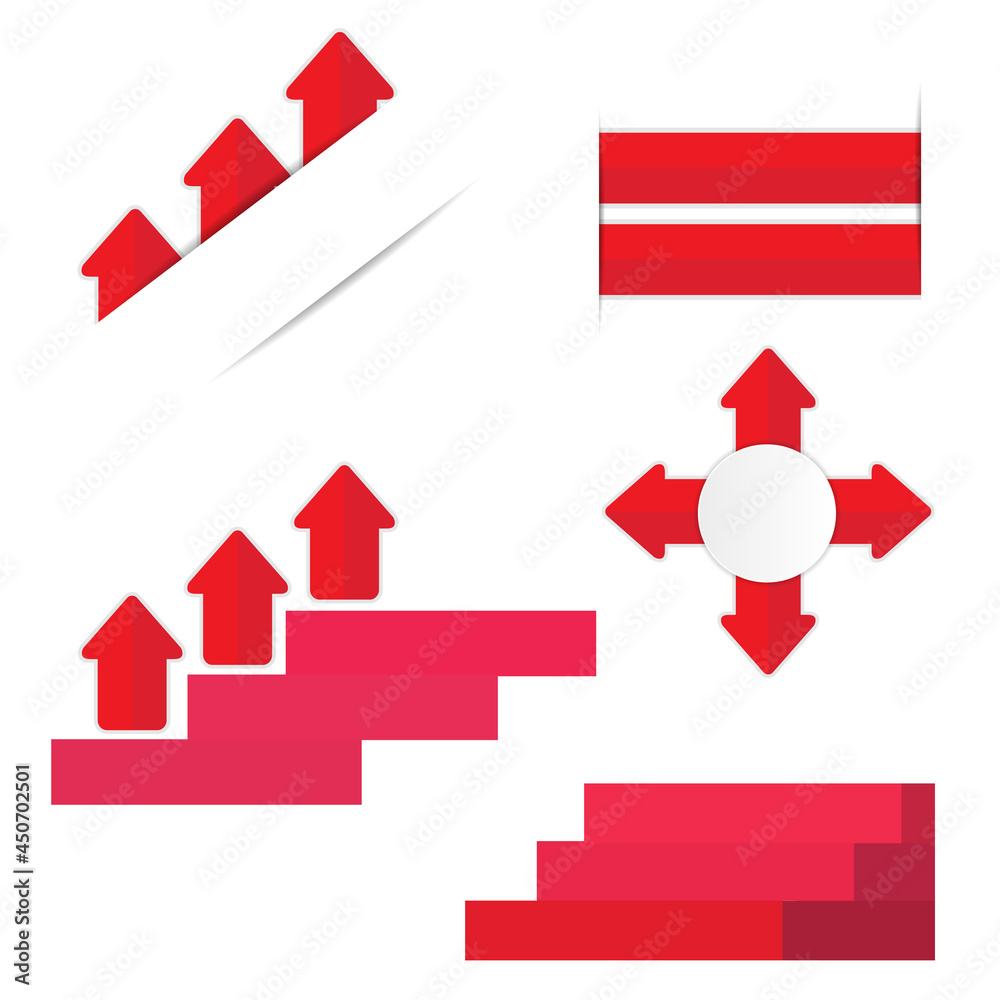 Red paper arrows with shadow stickers and steps Red paper arrows with shadow stickers and steps