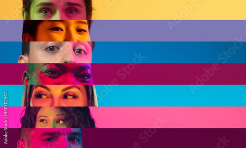 Collage of close-up male and female eyes isolated on colored neon backgorund. Multicolored stripes. Concept of equality, unification of all nations, ages and interests photo