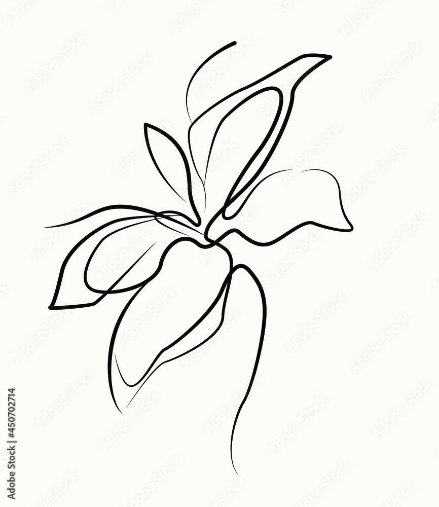 The abstract flower is drawn by hand in a continuous line. Minimalist style.