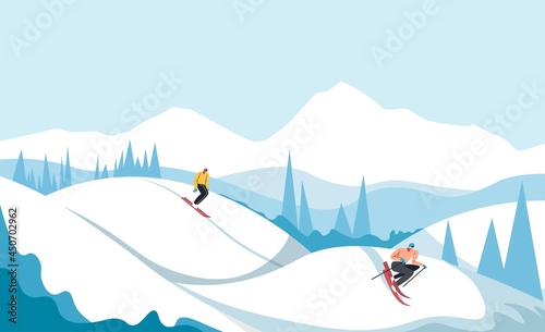 Ski resort, snowboarding skiing people on slope