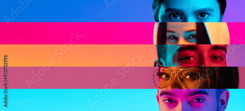Collage of close-up male and female eyes isolated on colored neon backgorund. Multicolored stripes. Concept of equality, unification of all nations, ages and interests photo