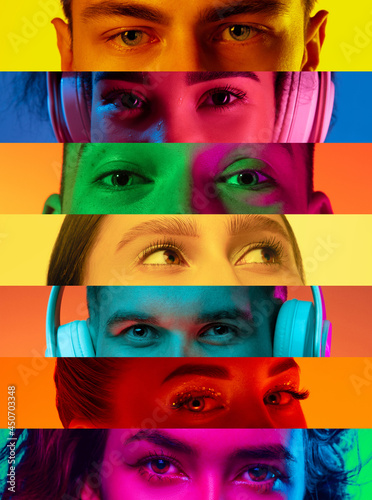 Vertical composite image of close-up male and female eyes isolated on colored neon backgorund. Multicolored stripes. Concept of equality, unification of all nations, ages and interests