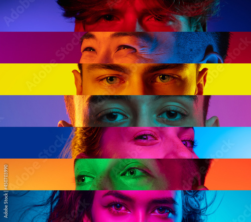 Vertical composite image of close-up male and female eyes isolated on colored neon backgorund. Multicolored stripes. Concept of equality, unification of all nations, ages and interests photo
