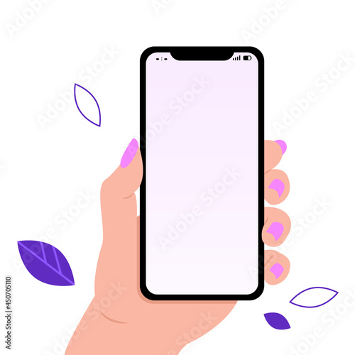 Smartphone in female hand isolated on white background  female hand holding a phone with a white screen. Vector flat illustration  iPhone 13