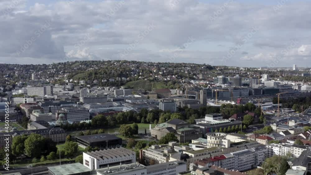 Stuttgart-Mitte Stuttgart Center, Germany Arial Drone approaching from North West Stuttgart-Mitte Stuttgart Center, Germany Arial Drone approaching from North West