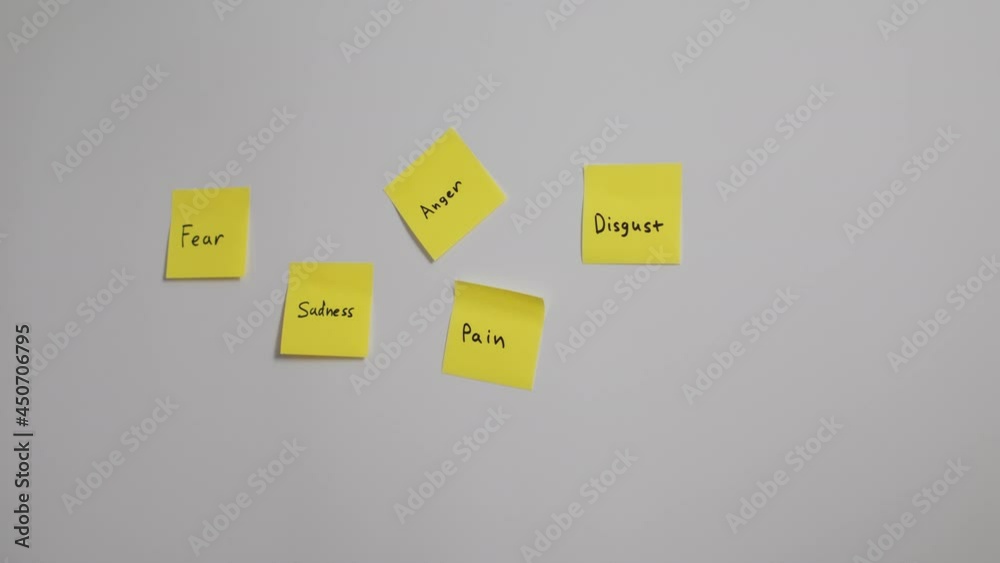 Angry man attaching stickers with negative emotions Angry man attaching stickers with negative emotions