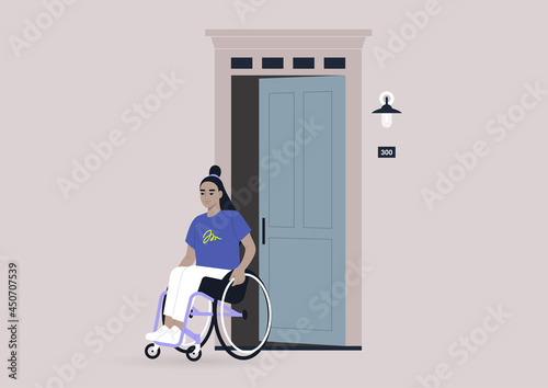 A young female Asian character in a wheelchair leaving their house, entrance door open