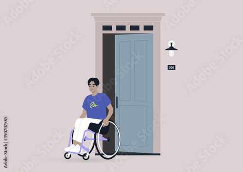 A young male Asian character in a wheelchair leaving their house, entrance door open