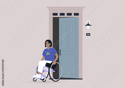 A young female character in a wheelchair leaving their house, entrance door open