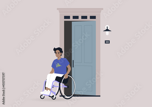 A young male character in a wheelchair leaving their house, entrance door open