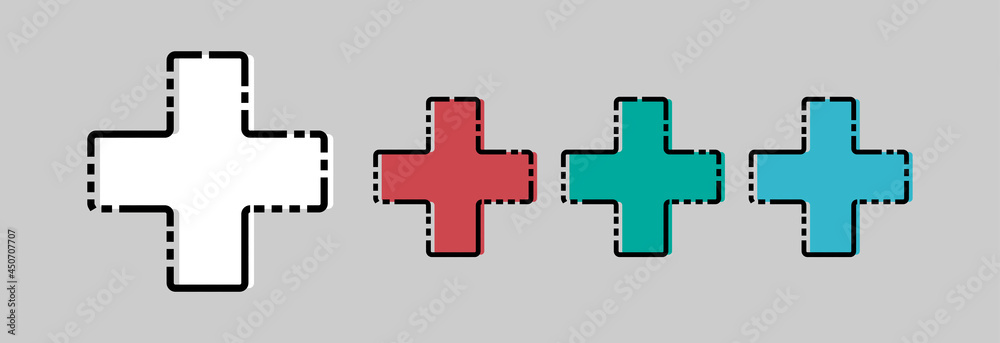 Plus with black stroke in different colors, icon on gray background. Plus with black stroke in different colors, icon on gray background.