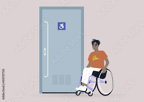 Young male Black character in a wheelchair next to an accessible toilet door, inclusivity in daily life