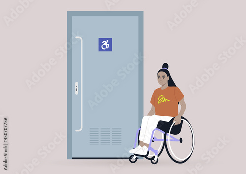 Young female Asian character in a wheelchair next to an accessible toilet door, inclusivity in daily life