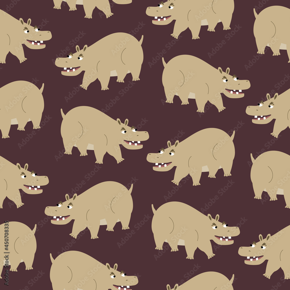 Creepy hippo with funny eyes. Safari animals on a purple background. Adorable character hand drawn vector illustration. African hippopotamus seamless pattern. Creepy hippo with funny eyes. Safari animals on a purple background. Adorable character hand drawn vector illustration. African hippopotamus seamless pattern.