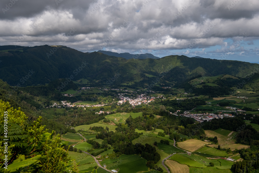 View over the beautiful Parish of Furnas on an amazing green landscape in the island of São Miguel, Azores, Portugal.