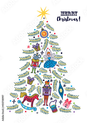 Christmas tree with toys from the ballet Nutcracker. Christmas illustration.