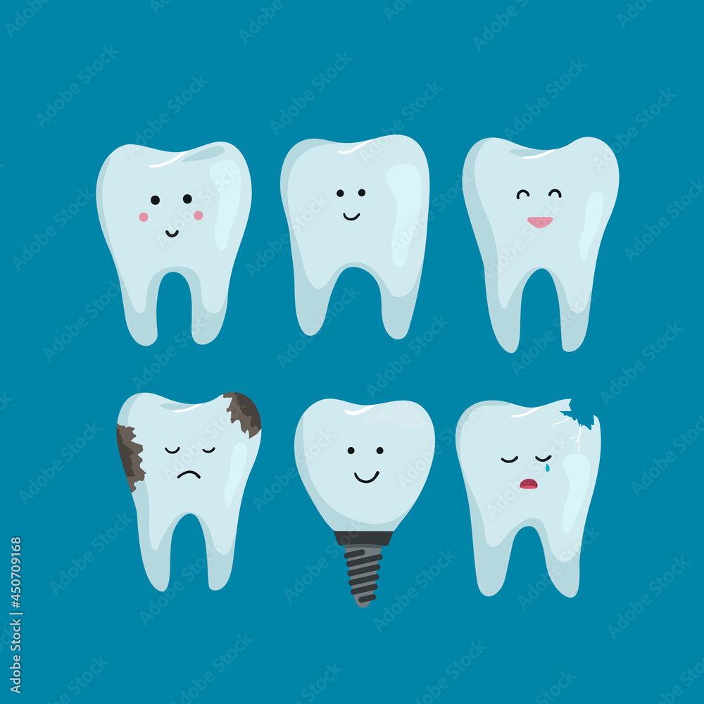 Set of clean and sick dental characters on blue background, teeth whitening. Dental health concept. flat Oral care, teeth restoration. White teeth. Set of clean and sick dental characters on blue background, teeth whitening. Dental health concept. flat Oral care, teeth restoration. White teeth.