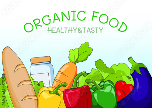 Healthy Organic Food for delivery service at home. Online order of shopping natural products for cooking food. Vector illustration concepts for store and good nutrition.