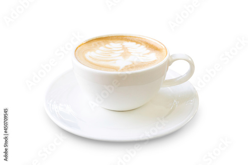 Latte coffee or cappuccino coffee in white cup with beautiful latte art isolated on white. Clipping path included.