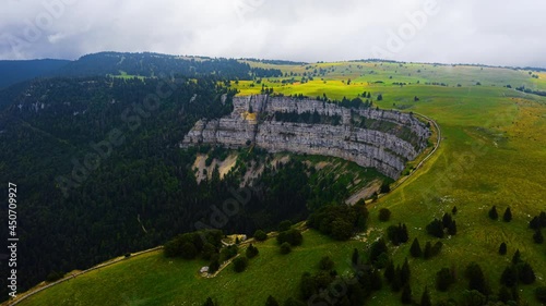 Aerial view of the Creux du Van in the Swiss Jura at sunrise.