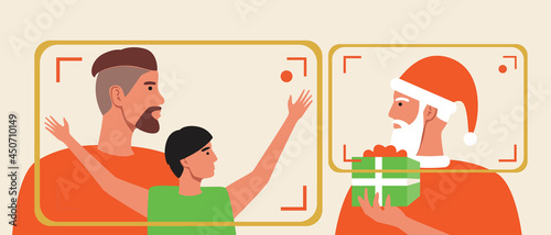 Father, son online, christmas video call with santa claus, flat vector stock illustration with online communication with santa