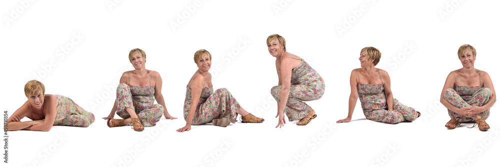 same adult woman sitting, squating and lying on tre floor on white background - obrazy, fototapety, plakaty 