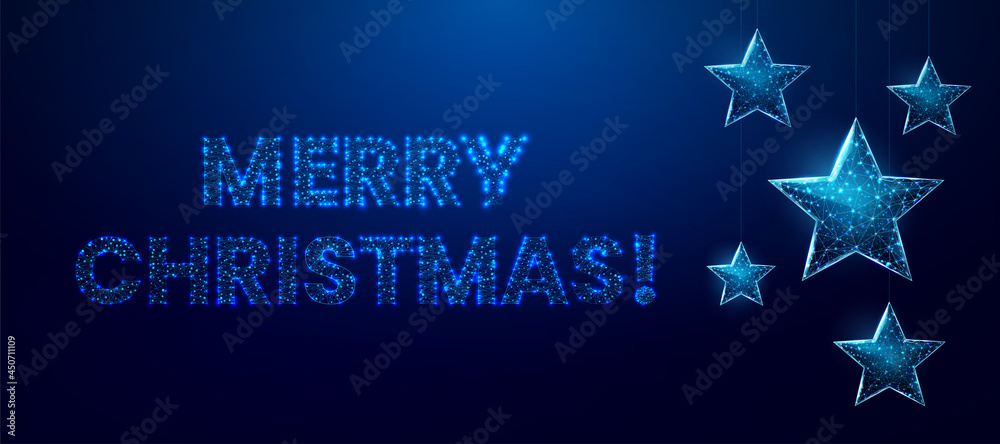 Merry Christmas  low poly banner. Polygonal wireframe mesh illustration with hanging Christmas stars. Abstract modern 3d vector illustration on dark blue background.