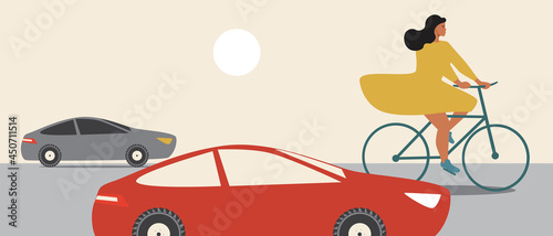 Bicycle as transport on the road, Flat vector stock illustration with Young woman on a bicycle as Eco-friendly lifestyle