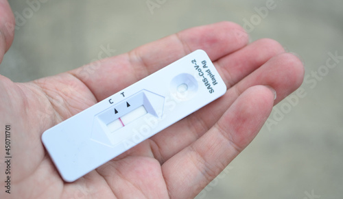 Hand Holding negative SARS-CoV-2 Rapid Antigen Test.COVID-19 rapid diagnostic test kit.COVID-19 test.corona virus test.delta covid.Lambda.