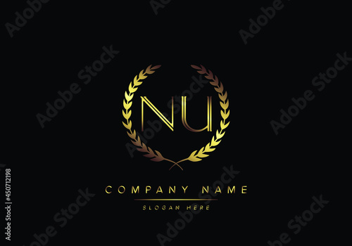 Alphabet letters NU monogram logo, gold color, luxury style photo