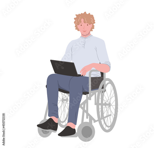 Young cute man with curly hair in a wheelchair, isolated on a white background. A disabled person with a laptop on his lap