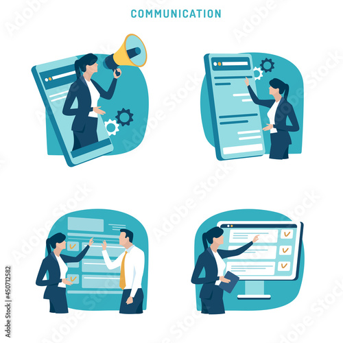 Digital Communication, online, technology. Set of business vector illustration.