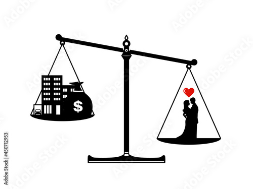 love vs money concept image. loving couple, money, car and building on the scale vector illustration