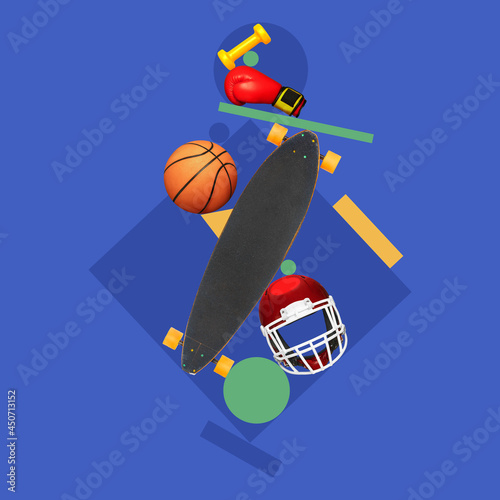 Creative composition with sports atributes over dark blue background. Leisure activities photo
