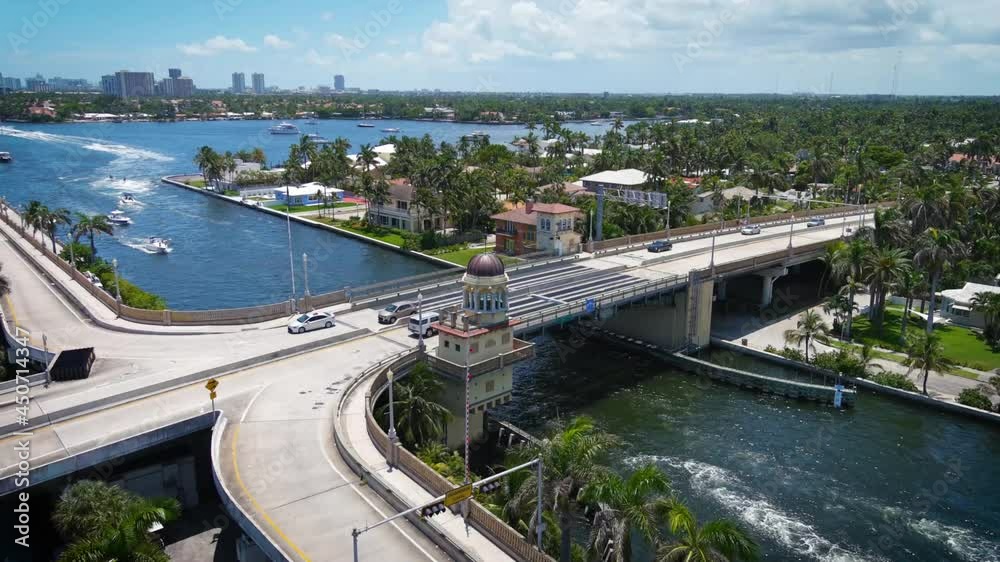 Aerial Hollywood Intercoastal draw Bridge Crossing 360 Orbit with yachts passing under bridge Aerial Hollywood Intercoastal draw Bridge Crossing 360 Orbit with yachts passing under bridge