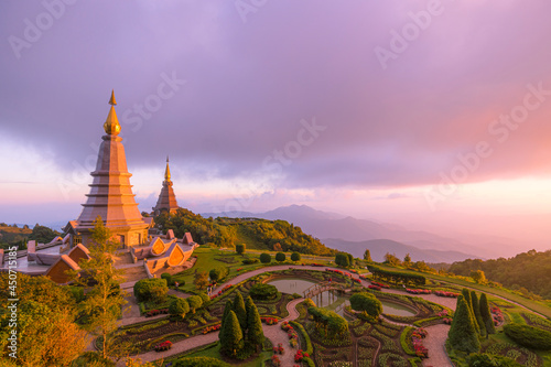 Landscape panorama of two pagoda  noppha methanidon-noppha phon phum siri stupa  in an Inthanon mountain  chiang mai  Thailand