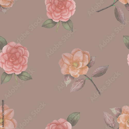 Seamless pattern of delicate camellias on a beige background